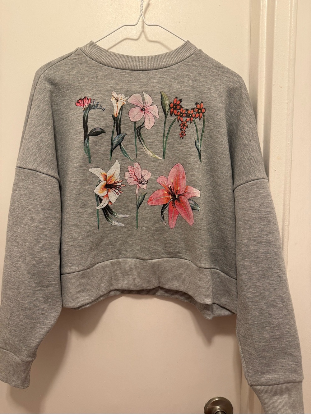 FARM Rio Gray Cropped Sweatshirt with Pink & Orange Floral Print
